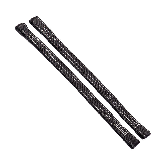 Two black Bells of Steel Safety Straps for 2.3" x 2.3" racks lie parallel on a white background, featuring a subtle pattern of small white lines for added style and protection.