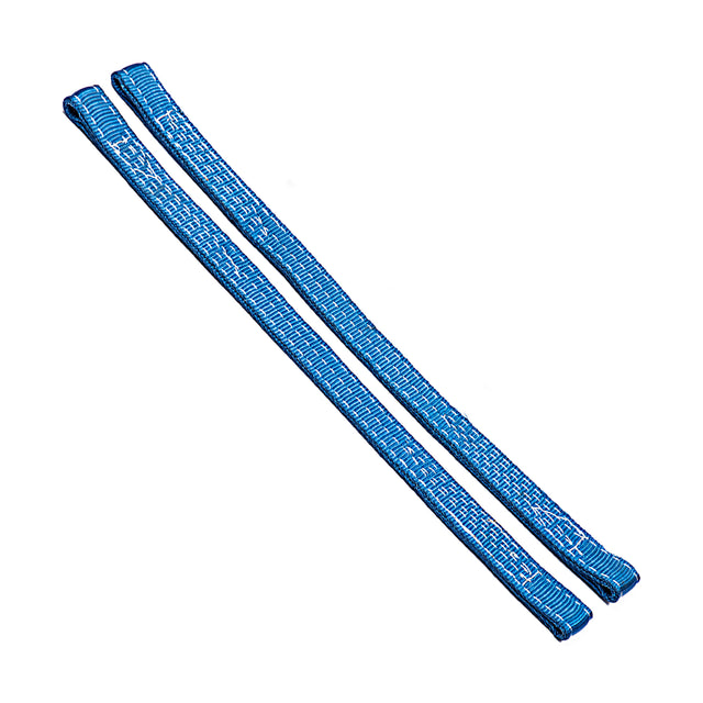 Two blue, textured, and rectangular objects resembling safety straps from Bells of Steel lie parallel on a white background. They seem designed to fit 2.3" x 2.3" racks, offering protection.