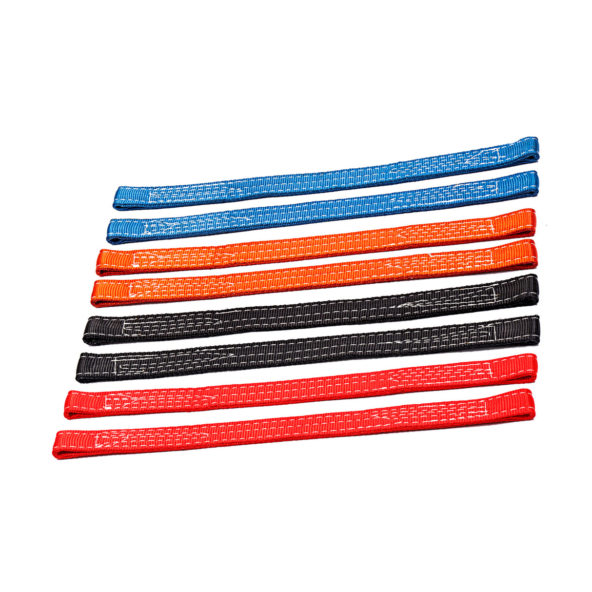 Bells of Steel offers Safety Straps for 2.3" x 2.3" Racks, featuring eight vibrant, woven-textured straps in pairs of blue, orange, black, and red on a white background. These provide reliable protection for your power rack setup when arranged horizontally.