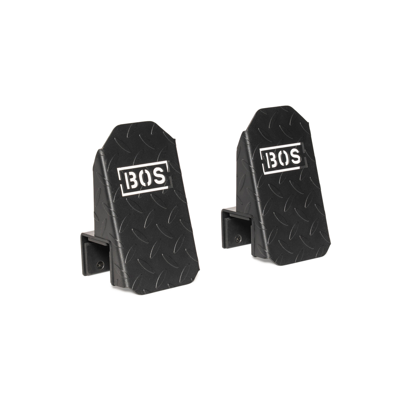 Two black metal hooks with a diamond plate pattern and the white "BOS" logo, designed for wall mounting—perfect as an accessory for the Bells of Steel USA Footplate for Cable Tower/All In One Trainer.
