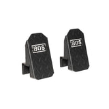 Two black metal hooks with a diamond plate pattern and the white "BOS" logo, designed for wall mounting—perfect as an accessory for the Bells of Steel USA Footplate for Cable Tower/All In One Trainer.