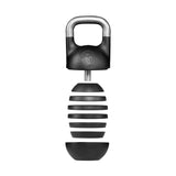 The Bells of Steel 6-12KG Adjustable Kettlebell features a black and silver, competition-style design with a convenient handle on top, screw mechanism for weight adjustments, and a segmented, rounded body resembling stacked discs—innovatively combining versatility with the practical benefits of traditional kettlebells.