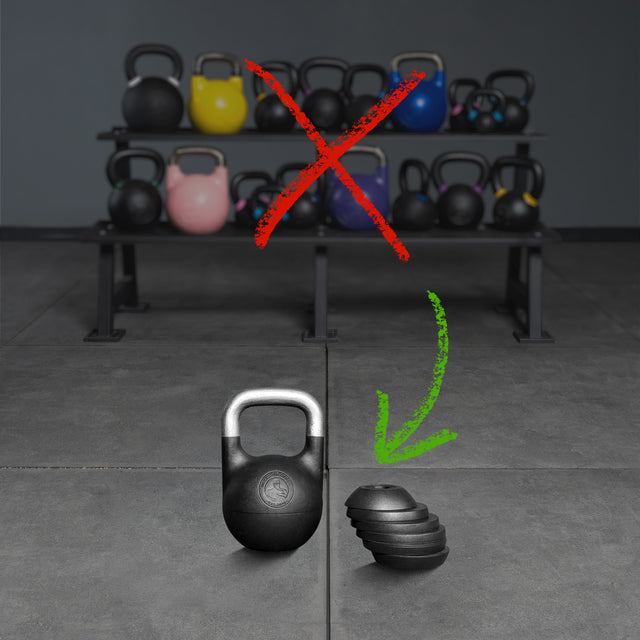 Two Bells of Steel 6-12KG Adjustable Kettlebells are on the floor with a green check mark; behind them is a rack of colorful competition-style kettlebells crossed out with a red X. The floor and background are gray.