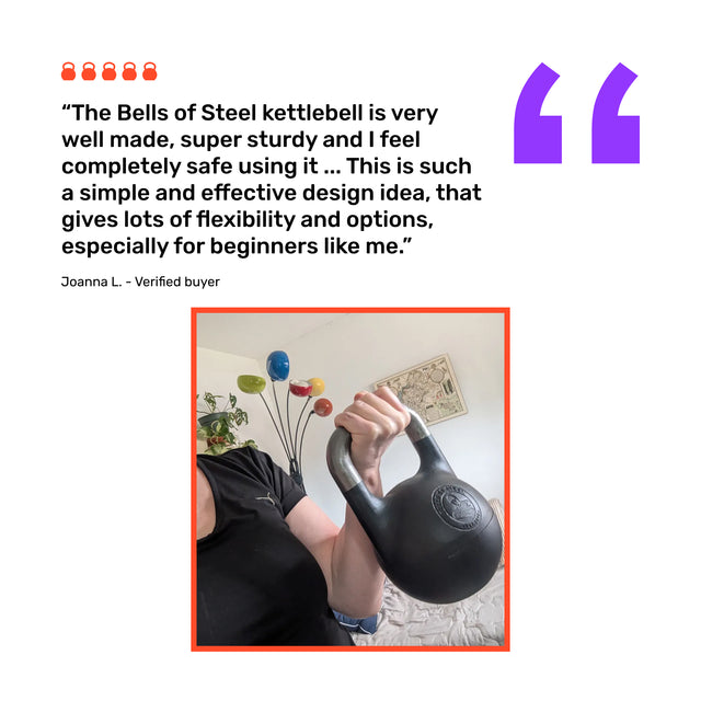 A person holds a Bells of Steel 6-12KG Adjustable Kettlebell indoors. Beside the photo is a customer review praising the kettlebell’s quality, safety, and beginner-friendly design inspired by Mark Wildman’s training philosophy. Colorful decor and wall art are in the background.