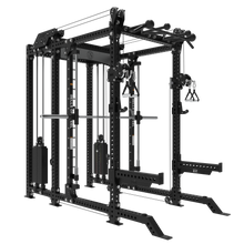 The Bells of Steel USA Smith Machine Rack - 6-Post with Kraken - Manticore (3"x3", 1" holes) is a black multifunctional power rack featuring a Smith Machine, cables, pulleys, pull-up bars, weight stacks, and barbell for versatile strength training.