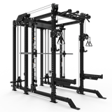 The Bells of Steel USA Smith Machine Rack - 6-Post with Kraken - Manticore (3" x 3", 1" holes) is a versatile black power rack for home gyms, with pull-up bars, cable attachments, safety bars, and Smith Machine functions.