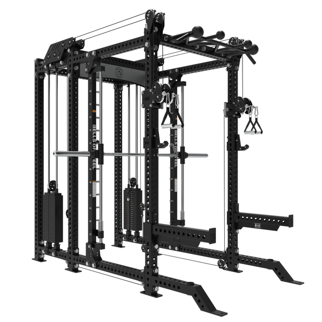 The Bells of Steel USA Smith Machine Rack - 6-Post with Kraken - Manticore offers a versatile 3"x3" power rack with Smith Machine features, adjustable handles, pulleys, weight stacks, pull-up bars, and more for comprehensive home strength training.
