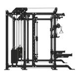 The Bells of Steel USA Smith Machine Rack - 6-Post with Kraken - Manticore (3" x 3", 1" Holes) is a multifunctional black power rack featuring a Smith Machine, adjustable pulleys, cable attachments, pull-up bar, and weight stacks.