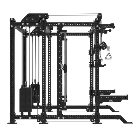 The Bells of Steel USA Smith Machine Rack - 6-Post with Kraken - Manticore (3" x 3", 1" Holes) is a multifunctional black power rack featuring a Smith Machine, adjustable pulleys, cable attachments, pull-up bar, and weight stacks.