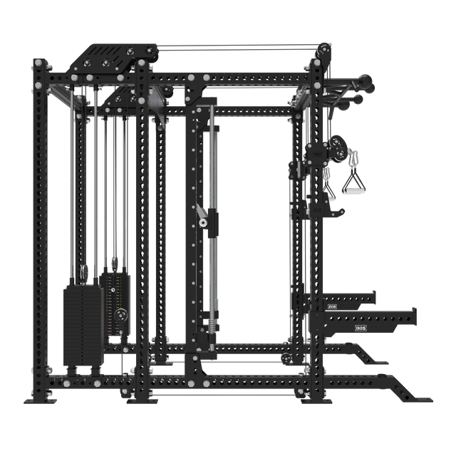 The Bells of Steel USA Smith Machine Rack - 6-Post with Kraken - Manticore (3" x 3", 1" Holes) is a multifunctional black power rack featuring a Smith Machine, adjustable pulleys, cable attachments, pull-up bar, and weight stacks.