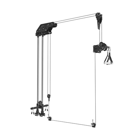 The Bells of Steel Kraken Rack Attachment, compatible with 6 Post Manticore Racks, features dual adjustable pulleys and grip handles for strength training; its sleek weight stack system combines functionality and elegance against a plain white background.