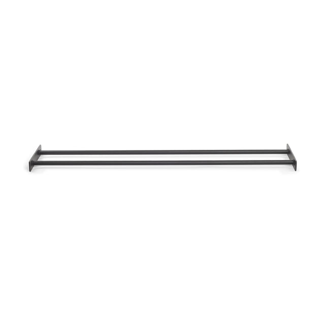 The Bells of Steel Medicine Ball Shelf is a long, sleek black metal rack with a minimalist design. Mounted against a white background, it features two parallel rods supported by simple rectangular brackets at each end.