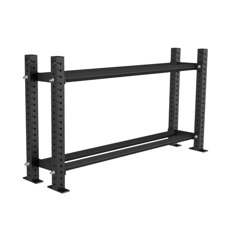 The Prebuilt Bumper Plate Storage by Bells of Steel USA is a black, heavy-duty metal rack featuring four vertical posts with multiple holes for adjustable shelving. Designed for floor mounting, this gym shelf offers secure storage for gym equipment or use as a fixed weight plate rack, making it ideal for organized bumper plate storage.