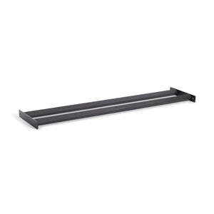 The Bells of Steel Bumper Plate Pins Shelf, a sleek wall-mounted metal frame, has a horizontal rectangular design with two parallel bars and end brackets. Its matte black finish adds elegance and functionality to any room.