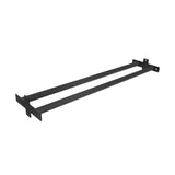 The Bells of Steel USA Storage Shelves feature a black metal bracket with two parallel bars, perfect for mounting on a power rack or adding support to your shelves, shown against a white background.