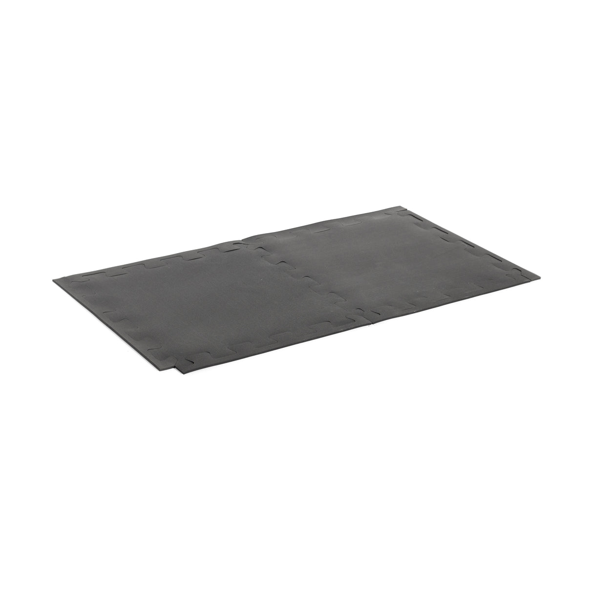 Two black 24" x 24" Puzzle Mats from Bells of Steel are connected on a white background. Their textured surface and interlocking edges ensure easy assembly and floor protection, ideal for versatile use with a commercial gym aesthetic.