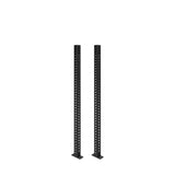 Two black metal Manticore Vertical Uprights by Bells of Steel stand upright on flat bases. Designed for 3x3 inch racks, they feature evenly spaced holes, making them ideal structural components for gym setups and rack attachments.
