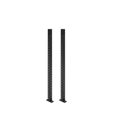 Two black metal Manticore Vertical Uprights by Bells of Steel stand upright on flat bases. Designed for 3x3 inch racks, they feature evenly spaced holes, making them ideal structural components for gym setups and rack attachments.