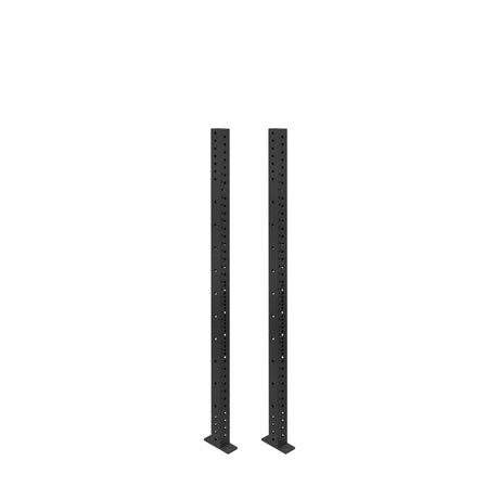 Two Bells of Steel Hydra Vertical Uprights, black metal with multiple rows of holes, stand on flat bases, perfect for 3x3 rack setups and compatible with many power rack attachments, shown against a white background.