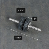 The ABsyidyan Stainless Steel Ab Roller by Bells of Steel USA features extra-wide dual wheels (5 5/8" diameter, 2" width), a 14 3/4" handle, supports up to 500 lbs, and is shown on a gray surface.