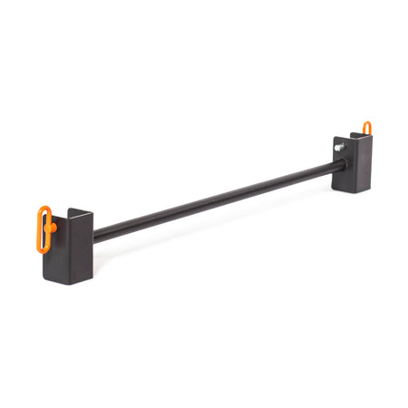 The Bells of Steel Adjustable Pull-up Bar Rack Attachment features a long, straight metal bar with black rectangular supports and orange clips for mounting, displayed on a plain white background.