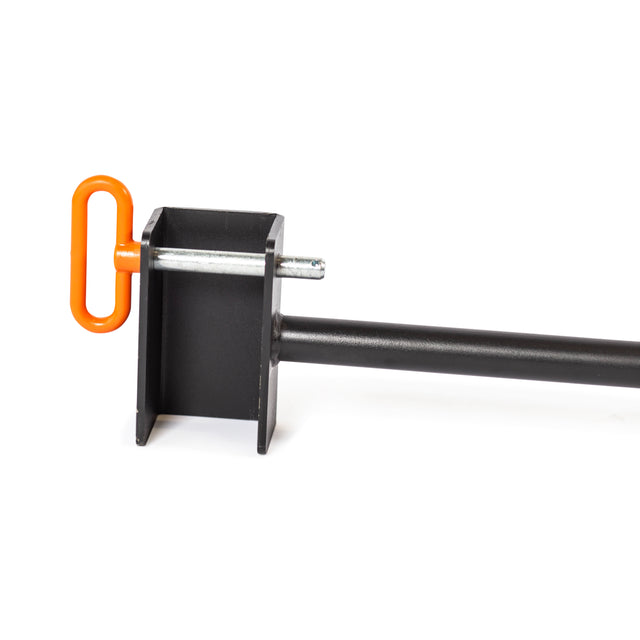 Close-up of the Bells of Steel Adjustable Pull-up Bar Rack Attachment, featuring a black metal tool with a cylindrical handle and an orange rectangular ring handle on a bolt, designed for use with power rack components against a white background.