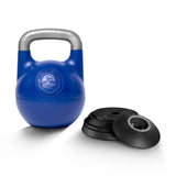 The Bells of Steel Adjustable Competition Kettlebell rests beside black weight plates, forming a versatile kettlebell set on a white background.