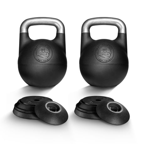 Two Bells of Steel Adjustable Competition Kettlebells with silver handles stand upright, each paired with four black weight plates arranged in overlapping stacks, all set against a white background.