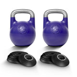 Two Bells of Steel Adjustable Competition Kettlebells with silver handles are displayed behind two sets of three black weight plates each, all arranged on a white background.