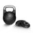 The Bells of Steel Adjustable Competition Kettlebell with a silver handle stands upright beside a stack of black weight plates on a white background.