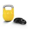 The Bells of Steel Adjustable Competition Kettlebell, featuring a yellow body and silver handle with an embossed logo, is displayed beside black weight plates on a white background.