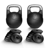 Two Bells of Steel Adjustable Competition Kettlebells with metallic handles stand upright. Each kettlebell includes four removable weight plates stacked in front. The white background highlights this versatile set.