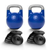 Two Bells of Steel Adjustable Competition Kettlebells with silver handles stand upright behind stacks of black weight plates, arranged in two groups on a white background—a versatile set for any strength routine.