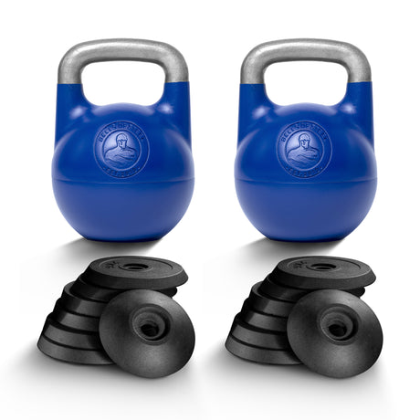 Two Bells of Steel Adjustable Competition Kettlebells with silver handles stand upright behind stacks of black weight plates, arranged in two groups on a white background—a versatile set for any strength routine.