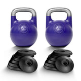 Two Bells of Steel Adjustable Competition Kettlebells with metallic handles and circular logos are shown behind stacks of six black weight plates, all displayed on a white background.