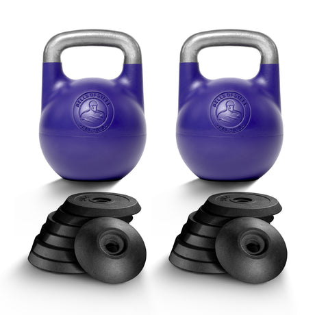 Two Bells of Steel Adjustable Competition Kettlebells with metallic handles and circular logos are shown behind stacks of six black weight plates, all displayed on a white background.