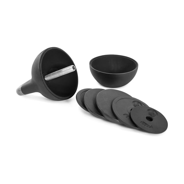 A black plastic frog gigging tool features a rounded handle and circular rubber washers, reminiscent of the precision seen in Bells of Steel's Adjustable Competition Kettlebell. The tool is laid out in disassembled form against a white background, showcasing its components.