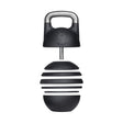 The Bells of Steel Adjustable Competition Kettlebell features a black and silver, stackable design with removable rounded weight plates and an attached handle, offering versatile workout options.