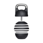 The Bells of Steel Adjustable Competition Kettlebell, with its sleek black and metallic design, is ideal for kettlebell training. It features a top handle and detachable weight discs, while its grooved design ensures secure stacking. The embossed logo on the top component adds a professional finish.