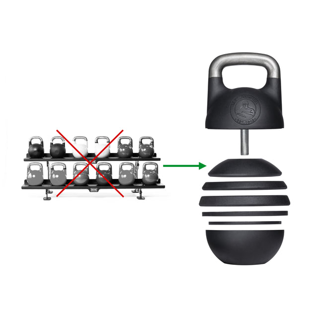 An image highlights kettlebell training innovation: on the left, traditional kettlebells from Bells of Steel bear a red X, while on the right, an Adjustable Competition Kettlebell gleams with stackable weight plates and a handle, connected by a green arrow.