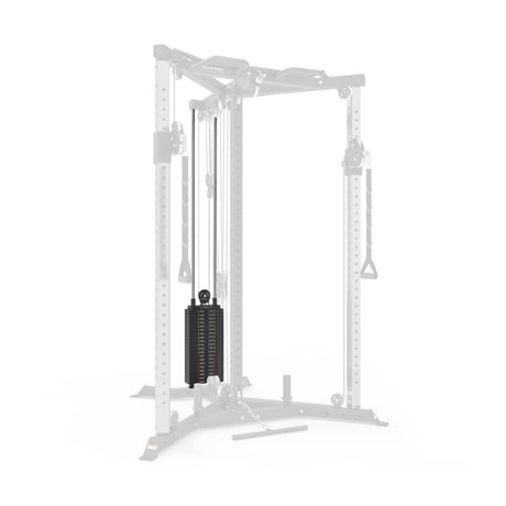 The Bells of Steel All-in-One Trainer is featured, highlighting its central weight stack—ideal for any home gym or functional trainer setup. The rest of the equipment appears subtly in the background.
