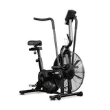 The Bells of Steel Residential Air Bike with Wind Guard features a large fan, adjustable seat, pedals, handlebars, and a digital display in sleek black—ideal for any home gym.