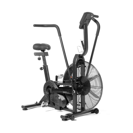 The Bells of Steel Residential Air Bike with Wind Guard is perfect for cardio workouts, featuring a large fan wheel, cushioned seat, dual-action handlebars, sturdy frame, and pedals. Ideal for indoor cycling in your home gym.