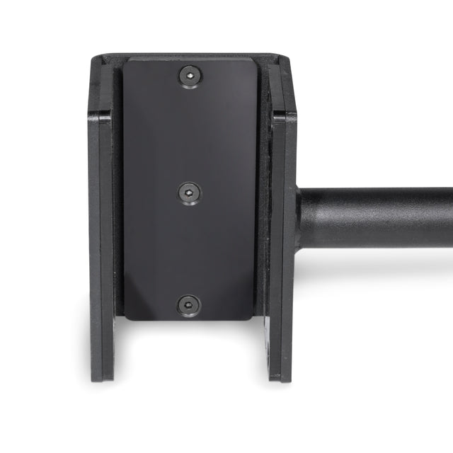 Close-up of a Bells of Steel Adjustable Pull-up Bar Rack Attachment, featuring a black metal bracket with three screws secured to a cylindrical bar on the right, likely part of a mounting system against a white background.