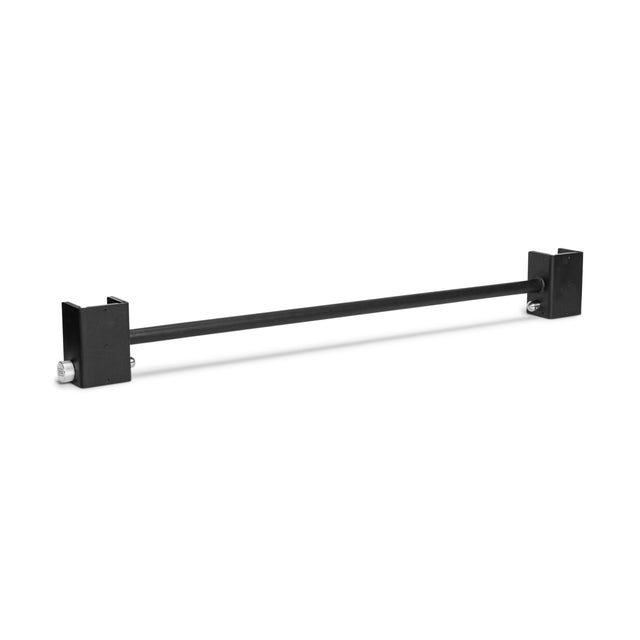 The Bells of Steel Adjustable Pull-up Bar Rack Attachment is a black metal bar with square brackets on each end, perfect for mounting or structural support.