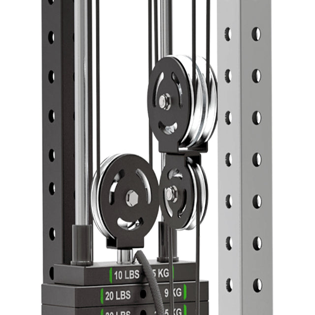 Close-up of a cable machine pulley system featuring Bells of Steel's Aluminum Pulley Wheels & Upgrade Kits with metal bars, cables, and weight plates labeled in pounds and kilograms. The frame includes multiple adjustment holes for smooth operation.