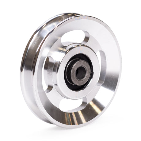 The Bells of Steel Aluminum Pulley Wheels & Upgrade Kits feature a shiny, circular pulley with three large holes and a central bearing—ideal for upgrading your cable machine. Photographed on a white background.