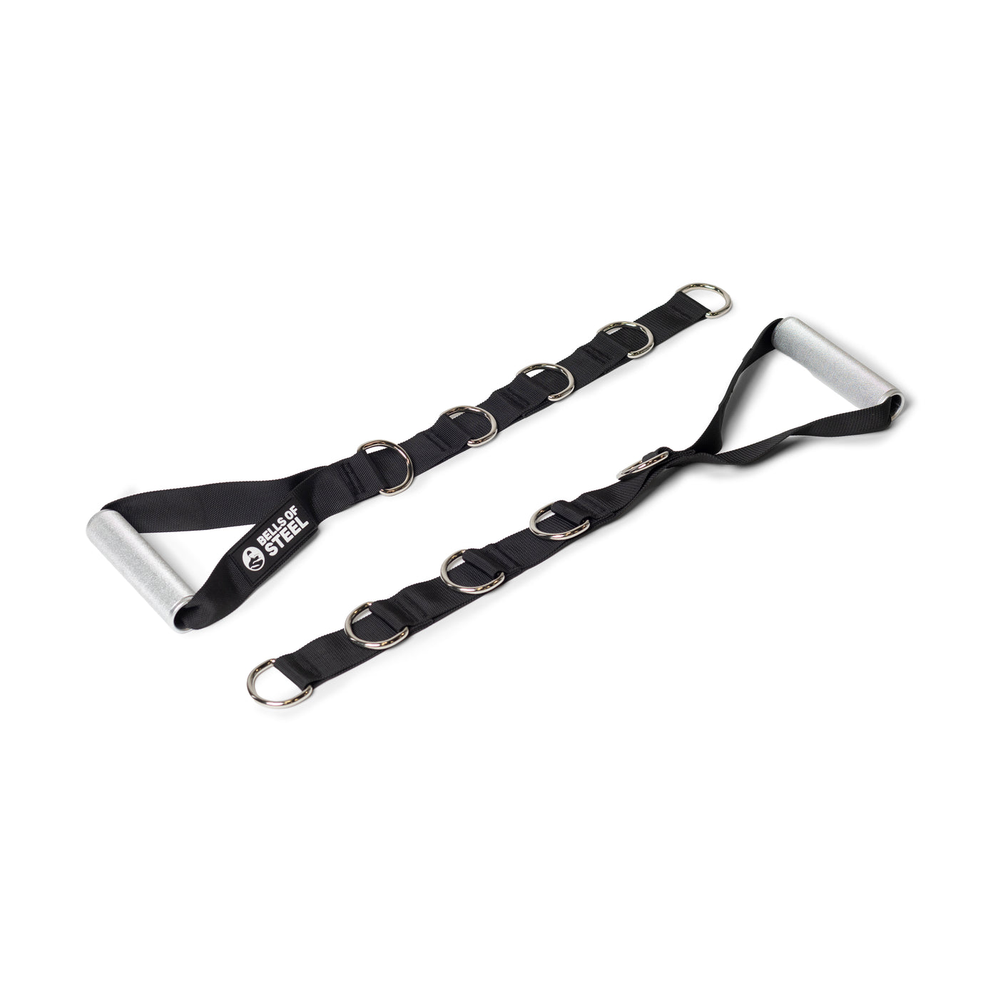 A pair of black adjustable straps with padded gym handles, multiple metal D-rings, and "Bells of Steel" branding, positioned parallel on a white background. The Aluminum Handles Pair is perfect for cable machine workouts.