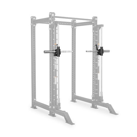 A Bells of Steel Smith Machine Rack Attachment is showcased, with two black and silver attachments mounted on the power rack frame to serve as weight plate holders; the rest of the rack is faded out to emphasize these innovative holders.