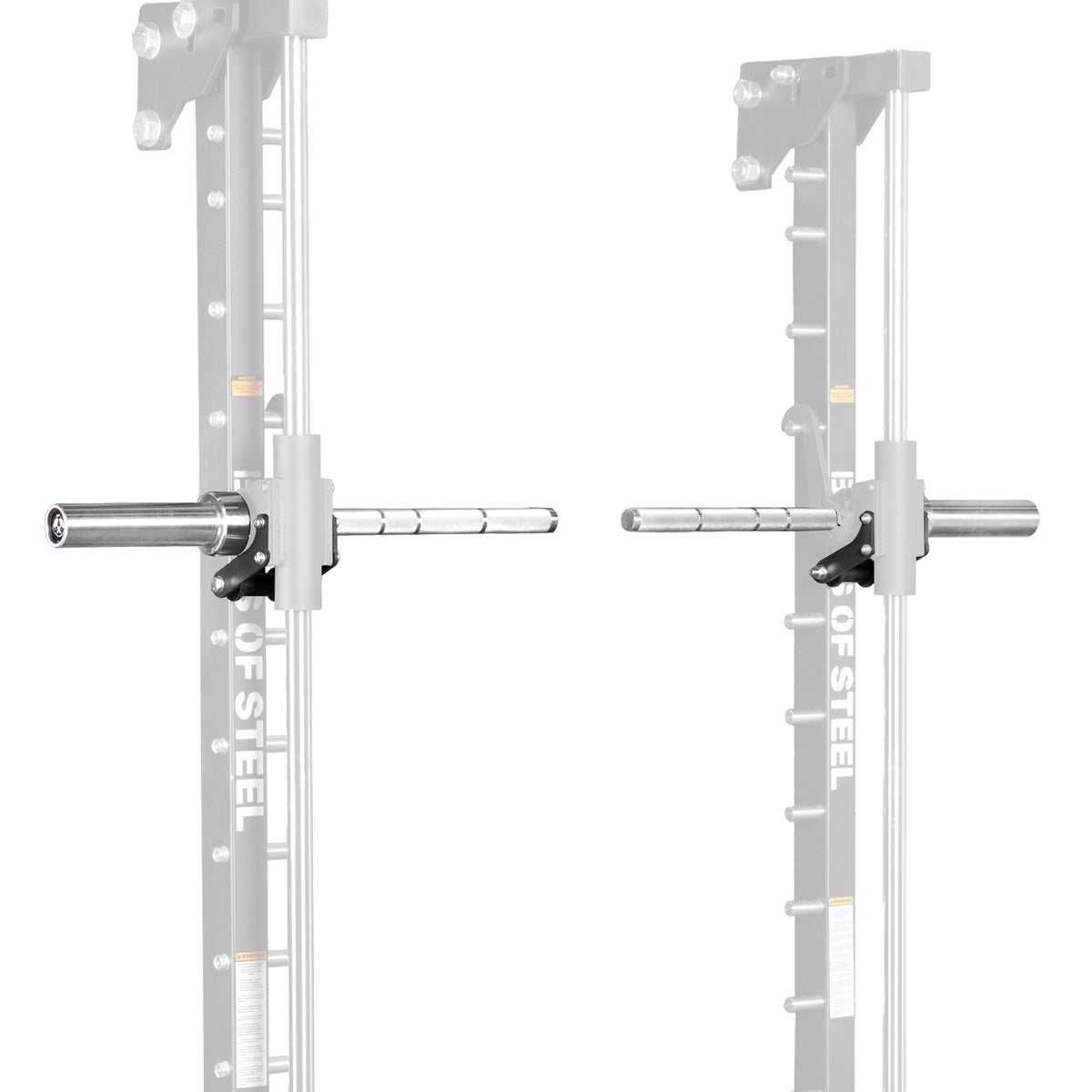 Bells of Steel USA Anvil Handles mount on power rack uprights for organized storage of weight plates and iso-lateral handles, keeping your gym tidy.